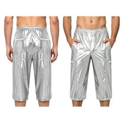 Men Oil Glossy Cargo Shorts Waterproof Elastic Waist Band Multi-pocket Zipper Overalls Capri Pants Dance Clubwear Beach Swimwear