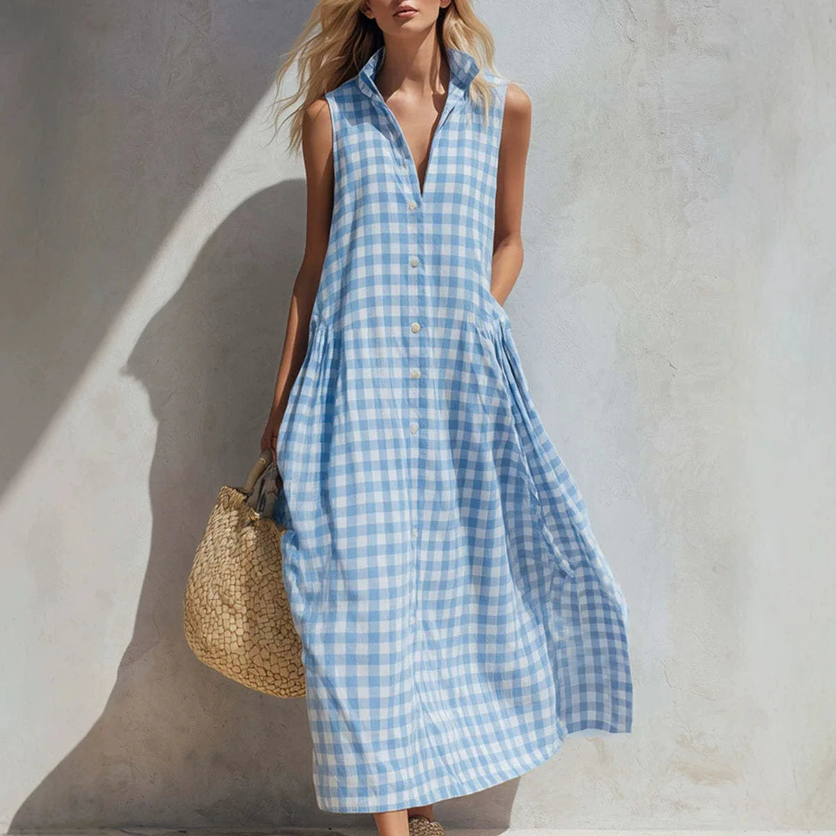 2026 Women Vintage Plaid Dress Sleeveless V-Neck Loose Midi Dresses French Retro Summer Beach Vacation Casual Chic Boho Sundress