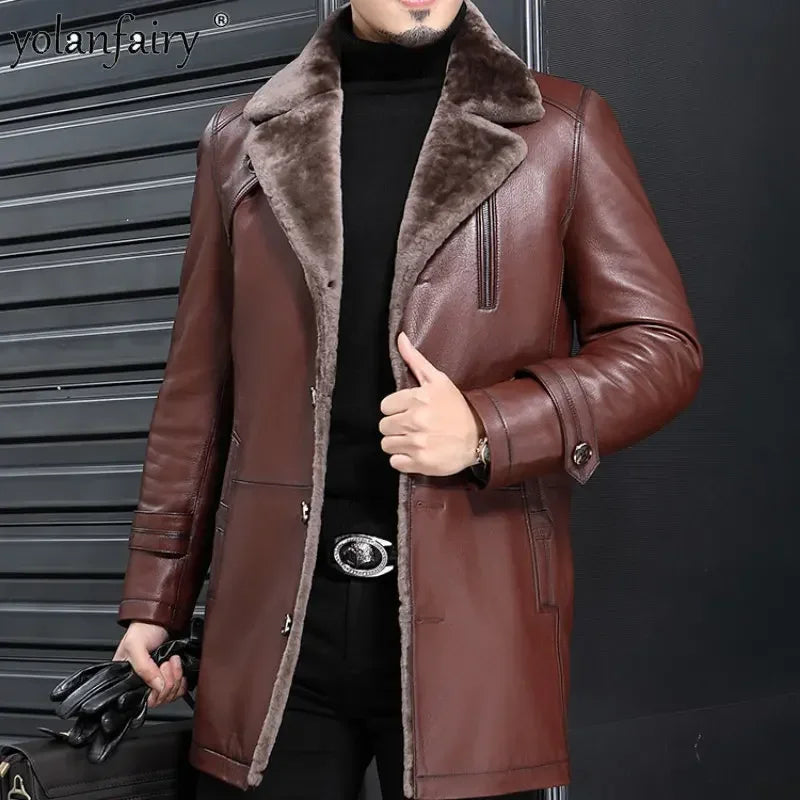 YOLANFAIRY Natural Leather and Fur Jackets for Men Midium Pure Sheepskin Genuine Leather Jacket Lapel Mens Winter Coat Thick 6XL