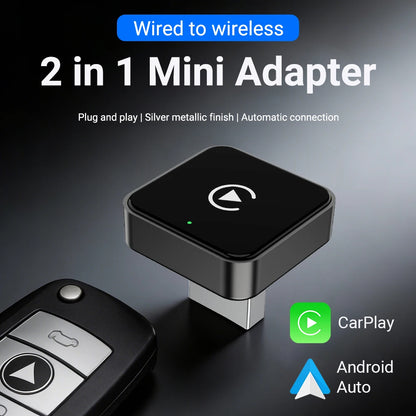 Smart 2in1 CarPlay Android Auto Adapter, Universal Mini Wireless Dongle for Car Entertainment System, Plug and Play Upgrade Wire
