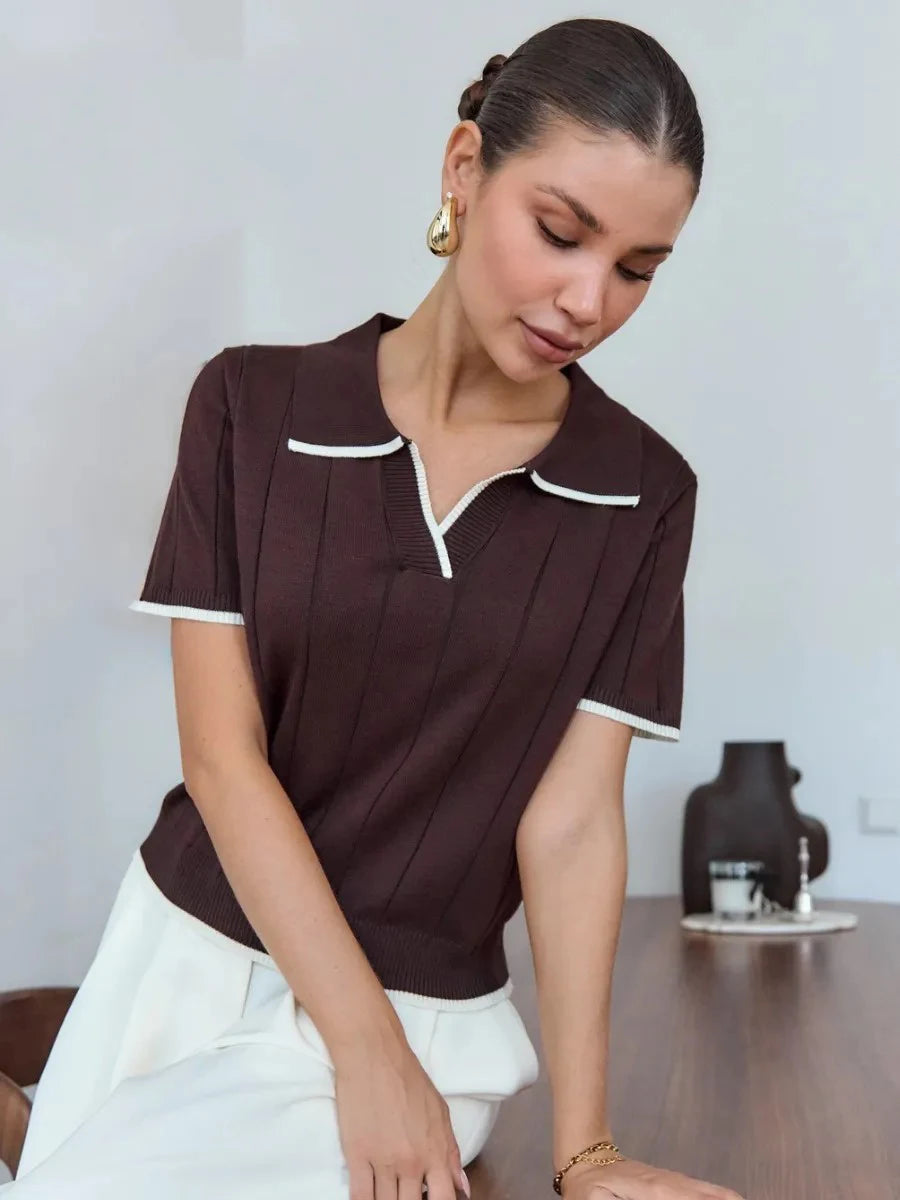 Brown Contrast White Trim Knit Polo Top for Women Short Sleeve V Neck Slim Fit Casual Knitwear
