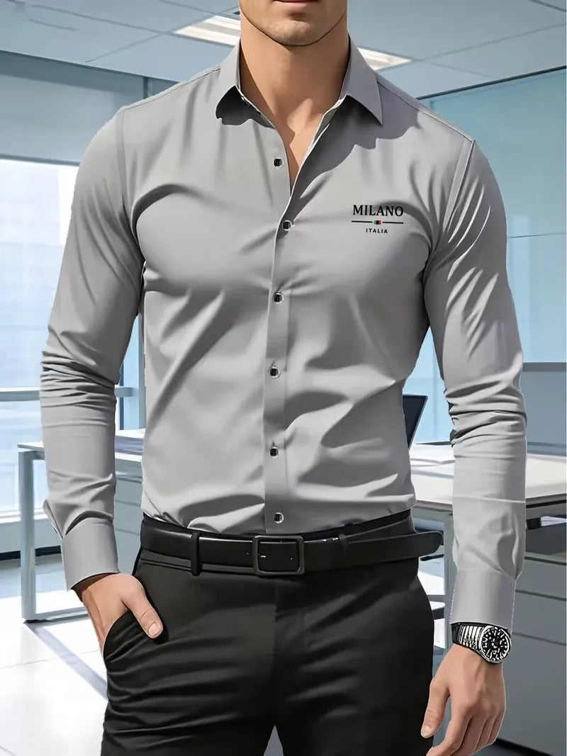 Men's Premium Business Casual Shirt MILANO Logo Print Slim Fit Long Sleeve Wrinkle Resistant Dress Shirt Multi Styles Available