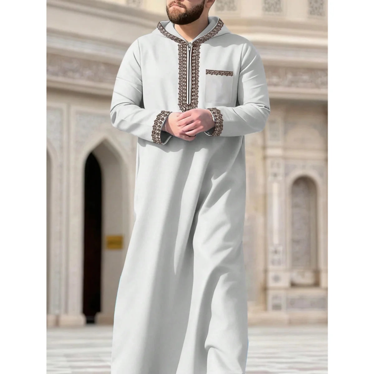 New Muslim men's long robe, Islamic hooded ethnic clothing, elegant retro MiddleEastern embroidery men's simple casual long robe