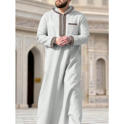 New Muslim men's long robe, Islamic hooded ethnic clothing, elegant retro MiddleEastern embroidery men's simple casual long robe