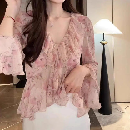 Comfortable Summer Large Size Floral Print V-Neck Women's Shirt Trendy Chiffon Fashionable Pink Collar Versatile Korean Style