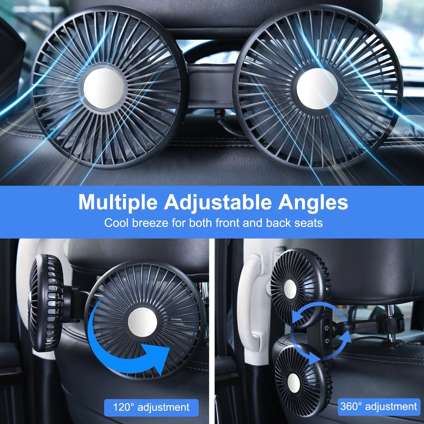 Hipacool Extension Arm Dual-Head Fan for Car Headrest 360° Rotation Air Cooling Fan Angle Adjustable 3-Speed Wind Brushless Fan