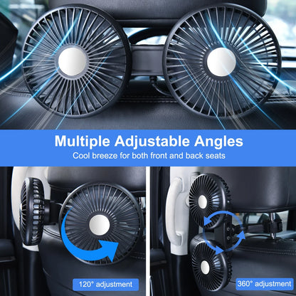 Hipacool Extension Arm Dual-Head Fan for Car Headrest 360° Rotation Air Cooling Fan Angle Adjustable 3-Speed Wind Brushless Fan