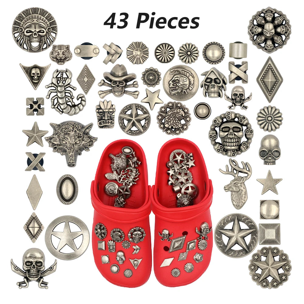43 Pcs Metal Accessories Shoes Charms Vintage Clogs Adornos Shoe Украшения Крокросы DIY Silvery Breloque Enfant Holiday Gift