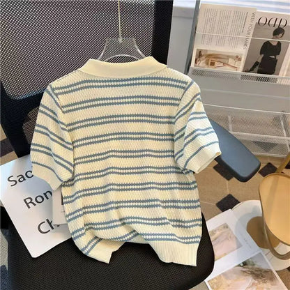 Summer New Polo Collar Fashion Short Sleeve Polo Shirts Women High Street Casual Striped Contrast Color Button Knitting Pullover