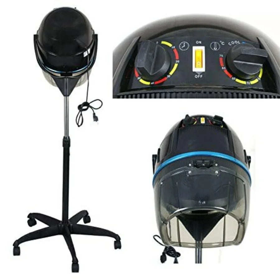 Home salon spa beauty equipment: 1300W professional hooded floor hair bonnet dryer with adjustable height, rolling base, black