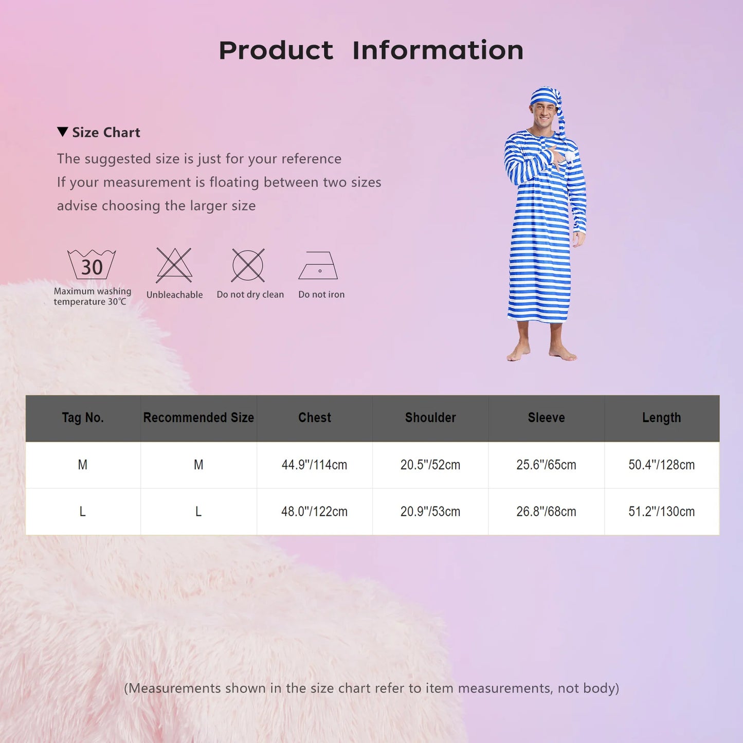 Mens Striped Long Sleeve Nightshirts Sleepwear Round Neck Loose Pajamas Robe Sleepshirt with Night Cap Christmas Loungewear