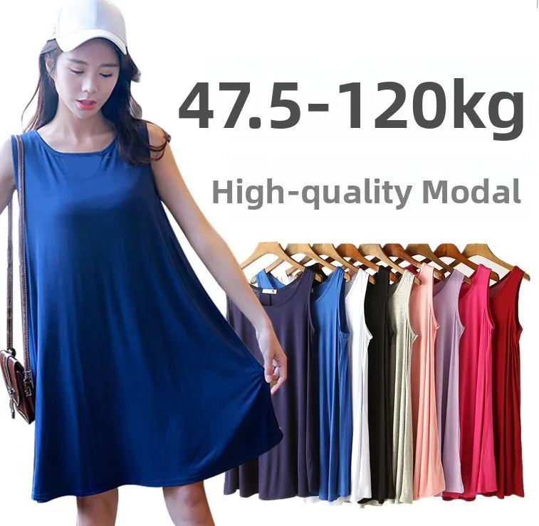 Loose Modal Summer Dr Women's Vest Dr plus Size Large 200 Pou Wearable Base Layer Korean Sle round Ne Midi Dr
