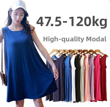 Loose Modal Summer Dr Women's Vest Dr plus Size Large 200 Pou Wearable Base Layer Korean Sle round Ne Midi Dr