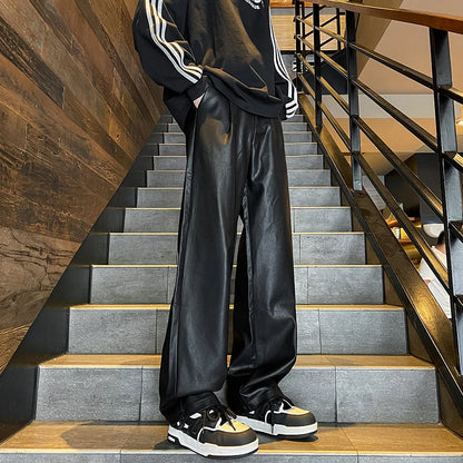 2024 Men's PU Leather pants Fashion baggy Motorcycle Pants Men Wide-leg Mopping Trousers All-match Windproof Plus Size 8XL-M