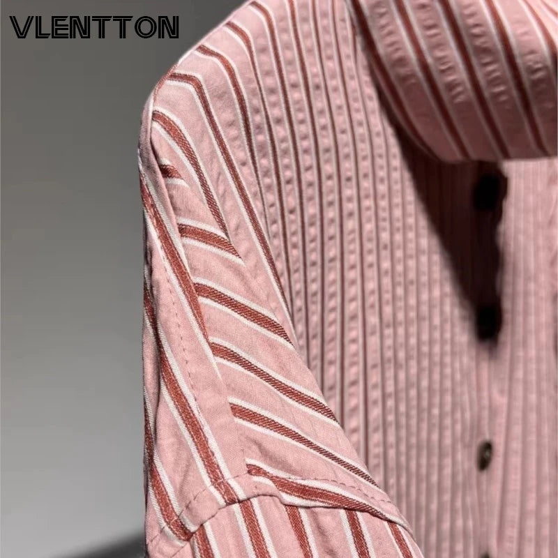 2026 Spring New Women Fashion High-Neck Pink Striped Shirt Casual Button Long Sleeves Loose Versatile Blouse Tops Female