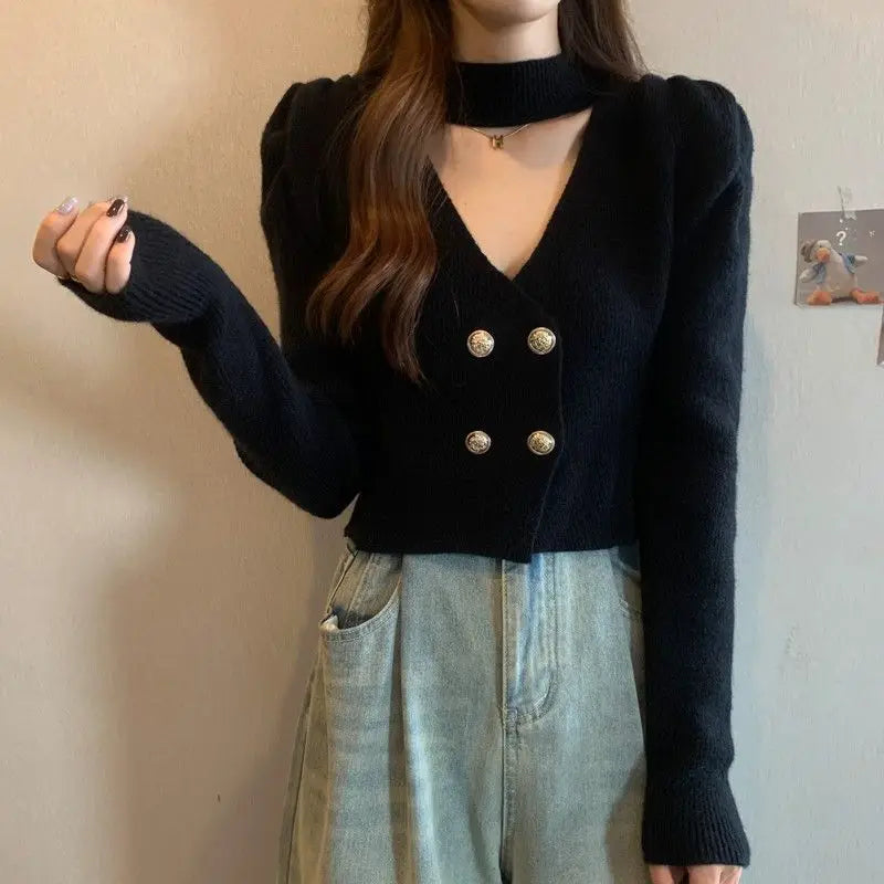 Elegant V-Neck Bubble Sleeve Knitwear Short Top Fashion Trend Neck Hanging Style Girl's French Style Slim Fit Long Sleeve Autumn