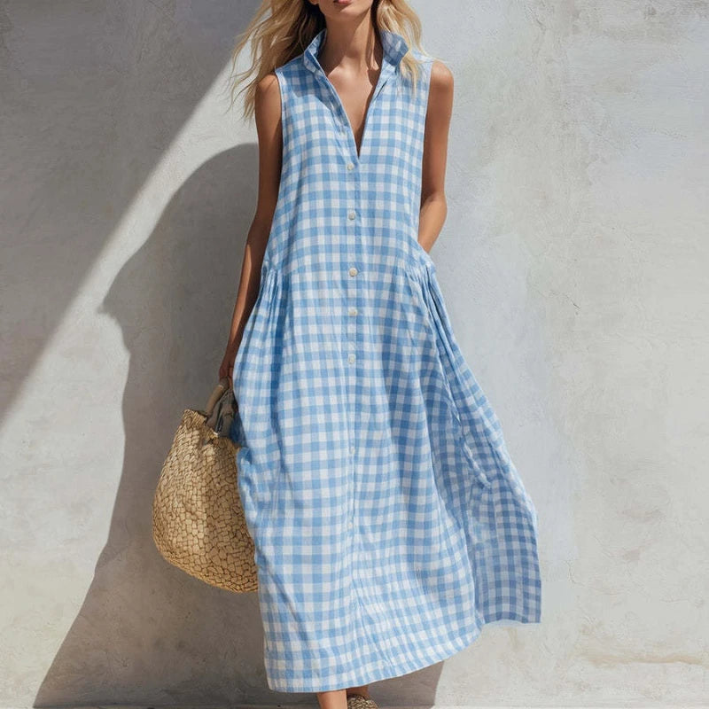 2026 Women Vintage Plaid Dress Sleeveless V-Neck Loose Midi Dresses French Retro Summer Beach Vacation Casual Chic Boho Sundress
