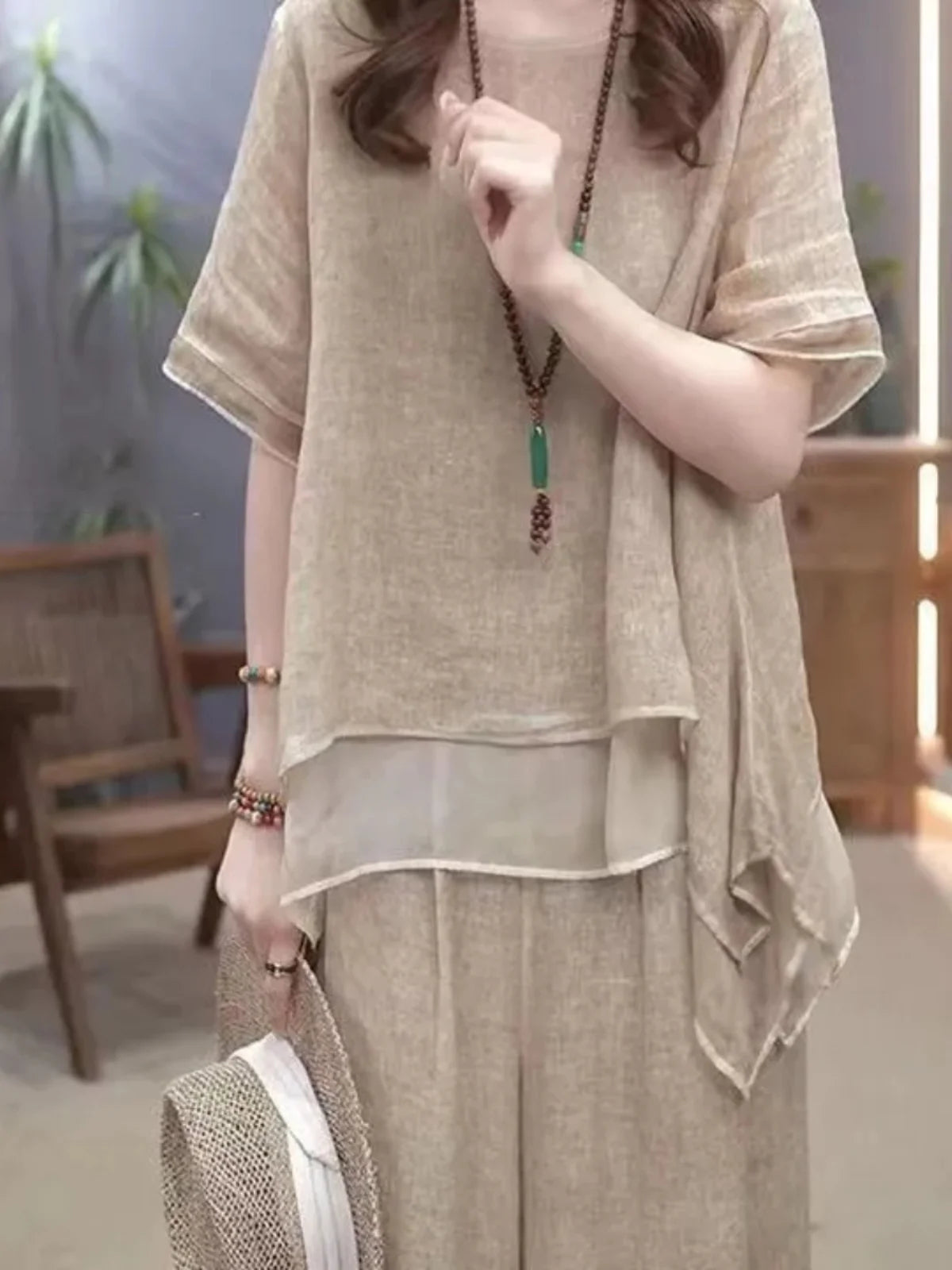 Retro Cotton Linen Set Women's Summer 2026 New Ethnic Style Loose Slimming Belly Covering Two-Piece Set Fashionable Casual Wear