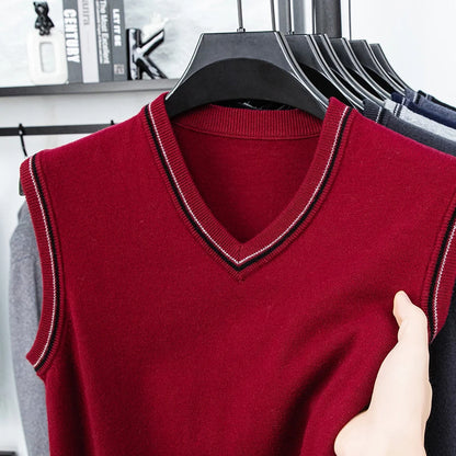 Autumn and Winter Solid Color Knitted V-neck Tank Top Men's Sleeveless Tank Top Warm Tank Top Middle Aged Shoulder Sweater