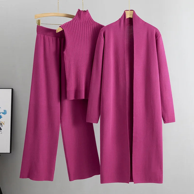 2025 Autumn Winter Women Long Cardigan 3 Piece Set Knit Pants High Neck Vest Wide Leg Trousers Outfit