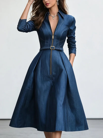 Modigirl Woman Blue A-Line Dresses 2025 Spring Fall New Pleated High Waisted Pockets Zipper Lapel Vintage Women's Midi Dress