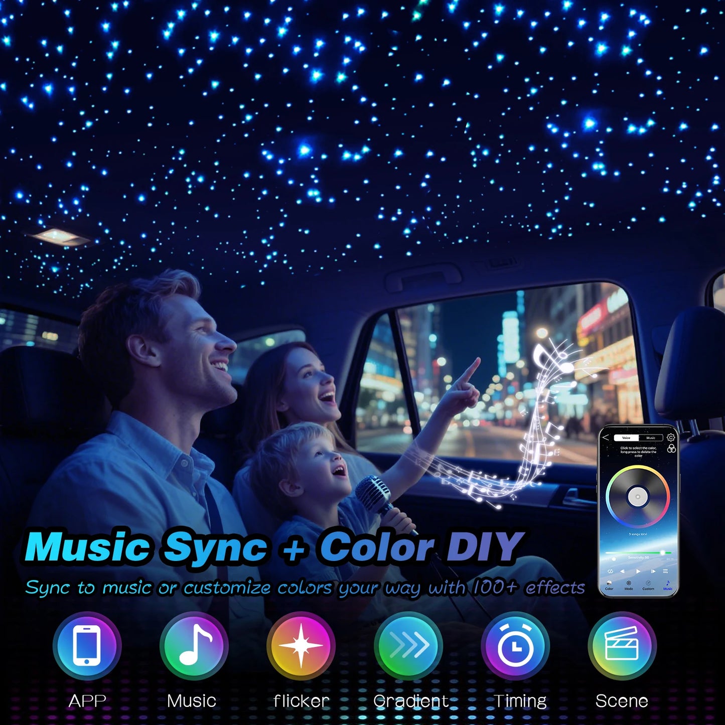12W Car Roof Star Light 500/1000Pcs Fiber Optic Headliner Star Ceiling Light Kit Led Atmosphere Light with RGB Music APP Control