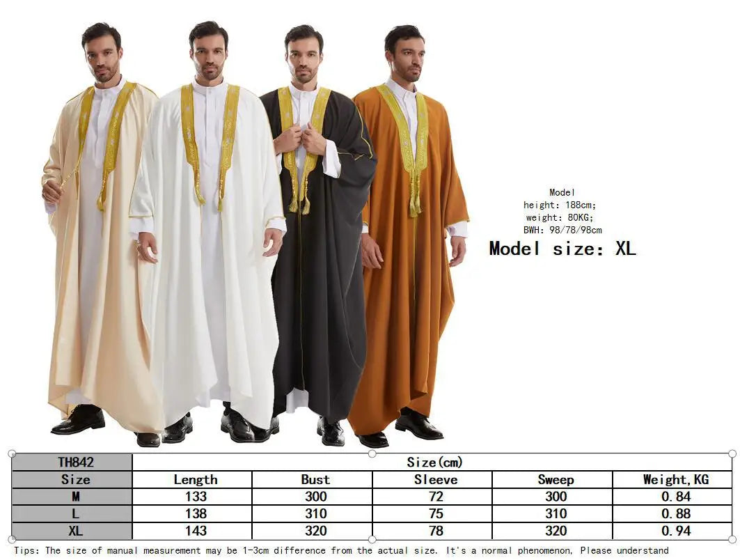 Islamic Men Kimono Woolen Sweater Eid Al Fitr Ramadan Muslim Dress Saudi Arabian Embroidered Robe