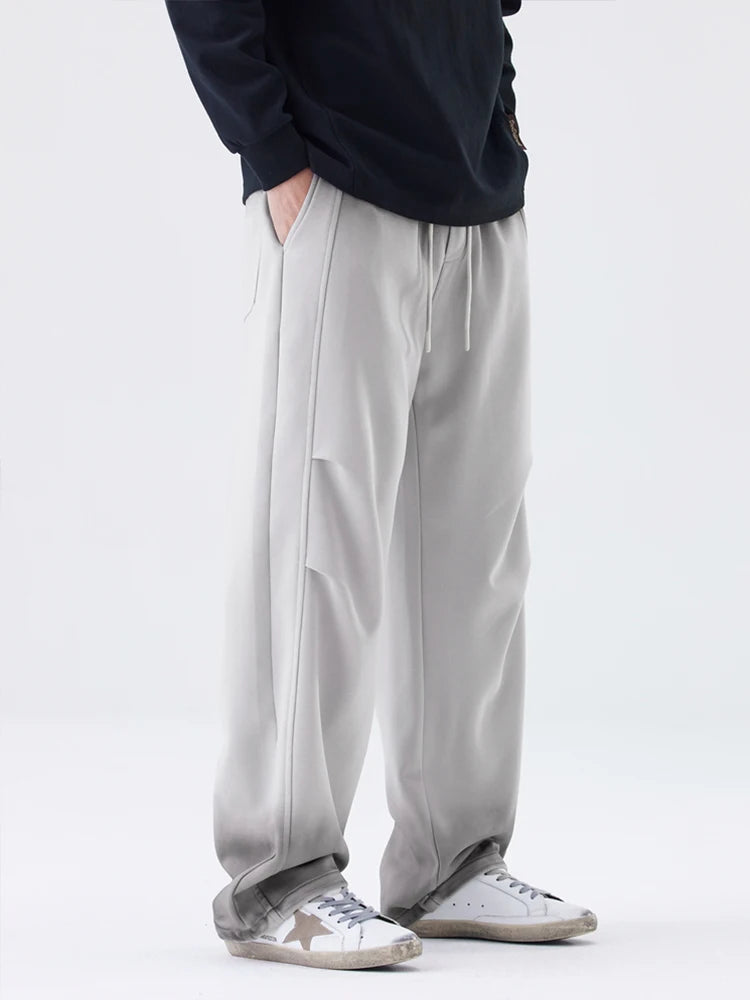 2025 Autumn New Gradient Color Washed Sweatpants Men Heavy Cotton Wide Leg Knit Sports Pants Loose Fit Straight Trousers
