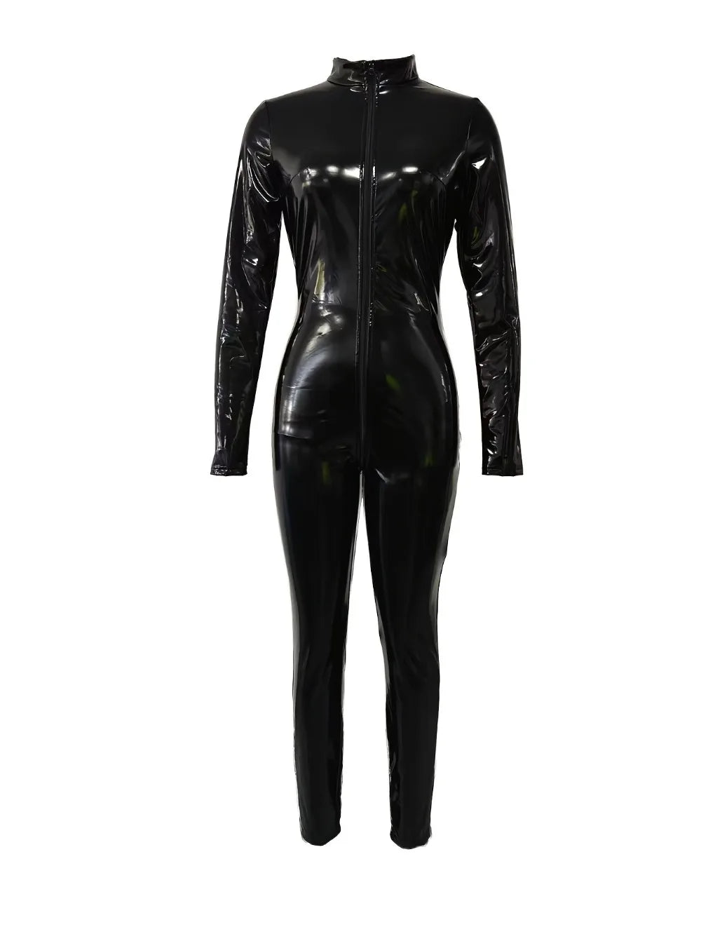Women's Sexy Glossy Elastic PU Tights Turtleneck Front Zipper Open Women's Imitation Leather Catsuit Jumpsuit Bodysuit