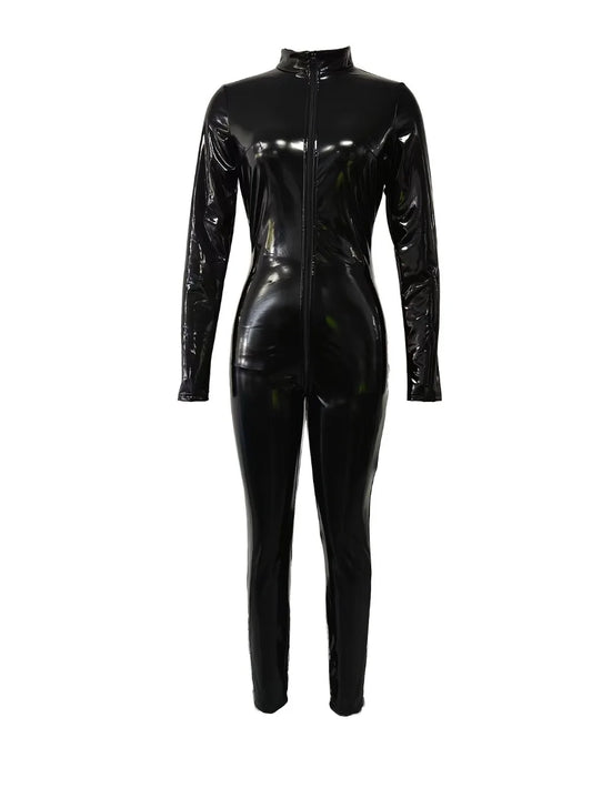 Women's Sexy Glossy Elastic PU Tights Turtleneck Front Zipper Open Women's Imitation Leather Catsuit Jumpsuit Bodysuit