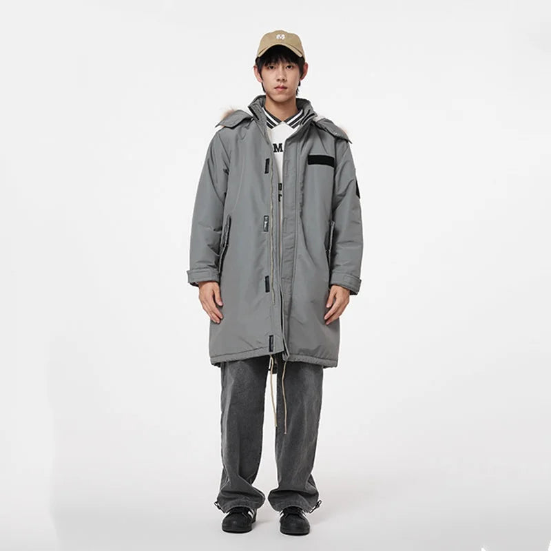 Metersbonwe Men's Loose Fit Hooded Fleece Lining Parka Coat Long Adjustable Waist Utility Pockets Hood With Detachable Fur Trim
