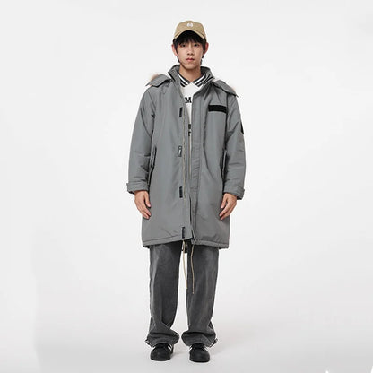 Metersbonwe Men's Loose Fit Hooded Fleece Lining Parka Coat Long Adjustable Waist Utility Pockets Hood With Detachable Fur Trim