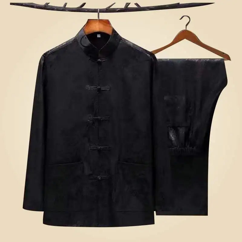 Men's Long Sleeve Ice Silk Tai Chi Suit Traditional Chinese Hanfu Vintage Style Tang Costume Elderly Fashion Dad's Clothing