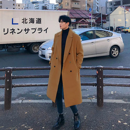 Casual Turn-down Collar Men's Woolen Jackets Outerwear Autumn Winter Mens Fashion Double-breasted Long Coat Men Cardigans