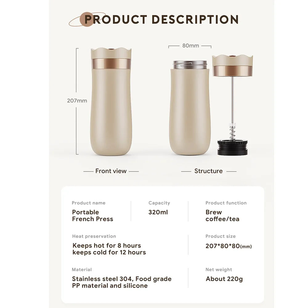 Portable French Press Coffee Tea Mug 12oz with Carry Loop Plastic Stainless Steel French Press Coffee Maker Great Camping Travel