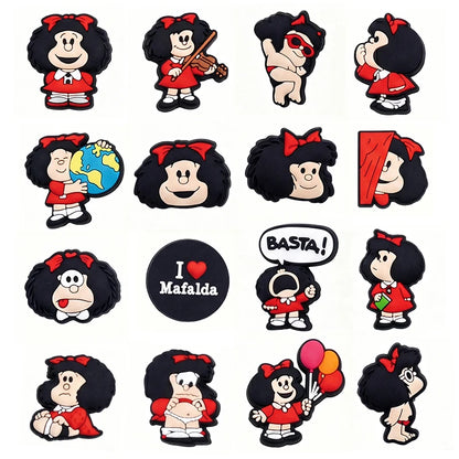 16-100pcs Anime Mafalda Shoe Charms Set Cartoon Shoes Accessories Decoration Buckle for Bubble Slides Clog Sandals Kids Gifts