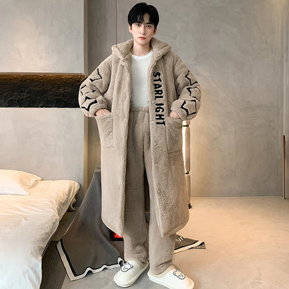 Long Coral Fce Spwear Men's Winter Casual plus Size Home Clothes Robe Youth Leisure Straight Leg Pants Button Closure