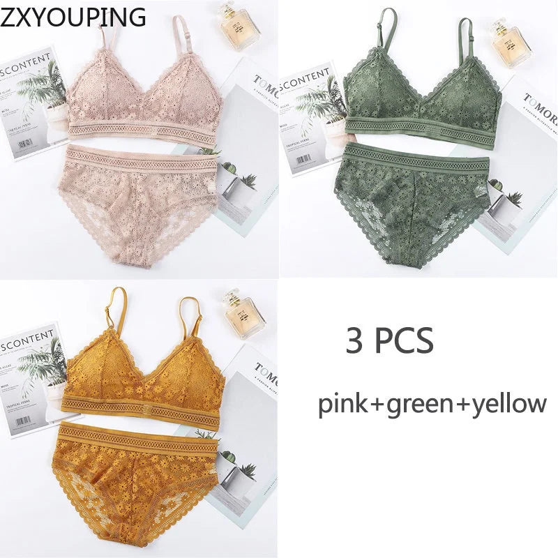 3 Piece Set Bra Sexy Lace Beauty Back Suit Underwear Gather Seamless Women's Underwear Panties Comfortable Lingerie