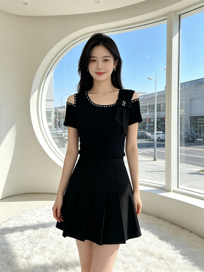 Summer New Off Shoulder Short sleeved T-shirt Korean Fashion Diamond Tops Slim Style Bowknot Women Shirt