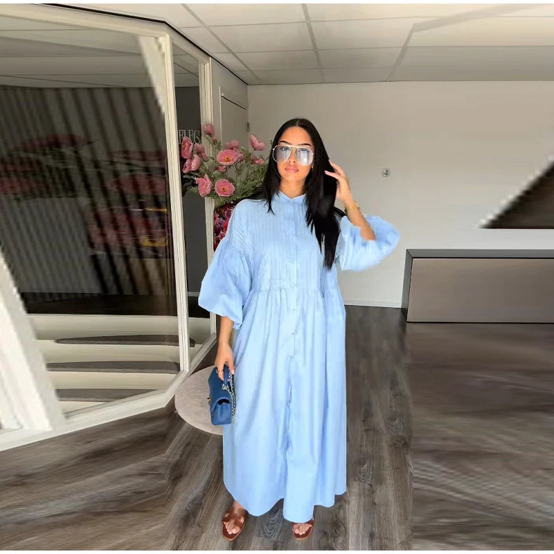 Casual Long Dress Women Solid Loose O Neck Single Breasted Full Lantern Sleeve High Waist Robe 2026 Spring Fashion Dresses Lady