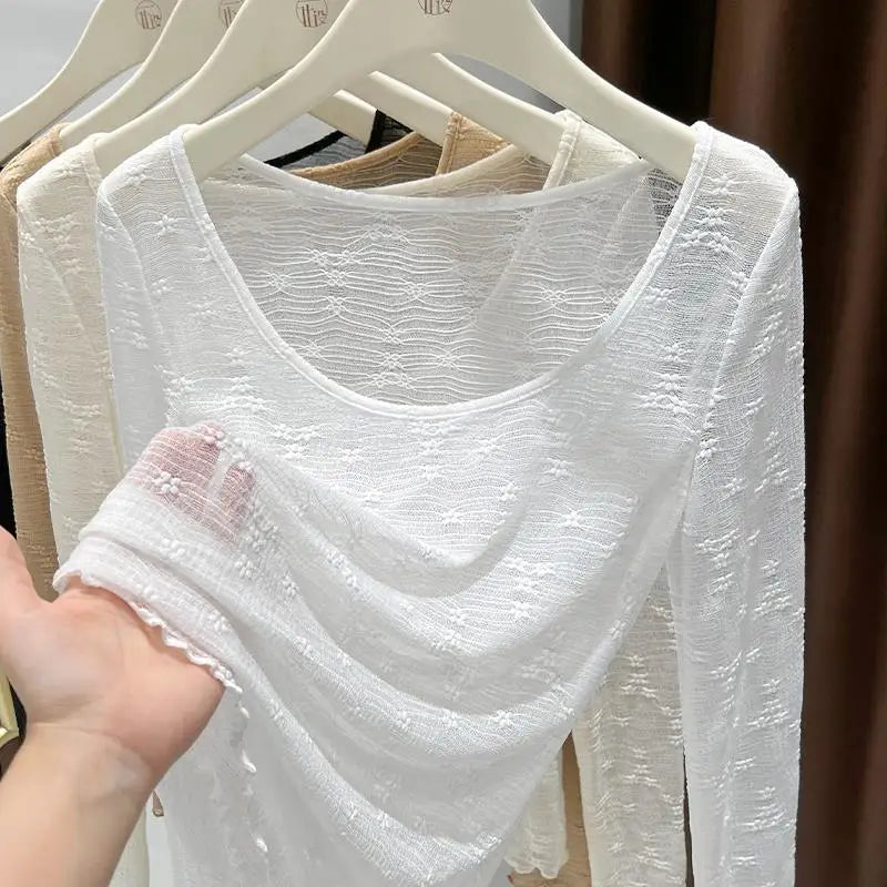 Sexy Lace Base Shirt Inner Wear Light Mesh Top Floral Trim Shoulder Exposure Thin Nylon Fabric Long Sleeve round Neck Spring ...