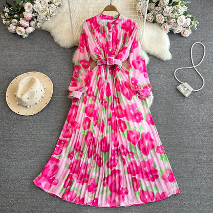 Ele Vintage Long Sve A-Line Printed Gown with Pleated Skirt And Slimming Waist Design for Young Women Korean Sle Com...
