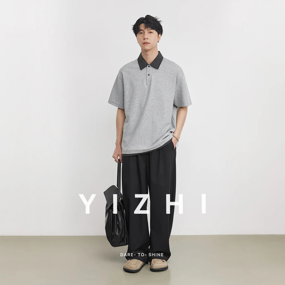 Heavy 230g American Retro Plaid Lapel Polo Shirt Men's 2026 Spring Fake Two-piece High-end T-shirt Short Sleeves