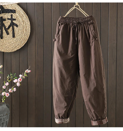 Retro  Color Cotton Filled Casual Loose Harem Pants Small Footed Trousers Winter Outerwear for Women plus Size