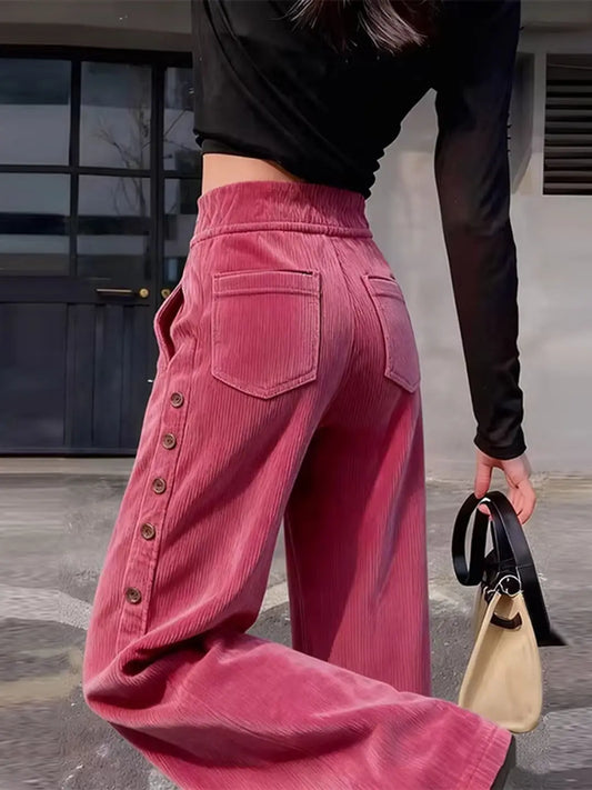 Korean Style High Waist Thickened Corduroy Wide Leg Pants Women's Winter New Style Side Button Long Trousers Casual Pants