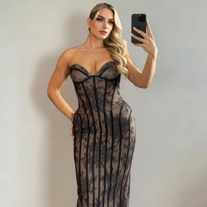 Typhaland Sexy Lace Strapless Maxi Dress Women's Sleeveless Slim Corset Evening Party Dress See Through Fashion Lady Long Dress