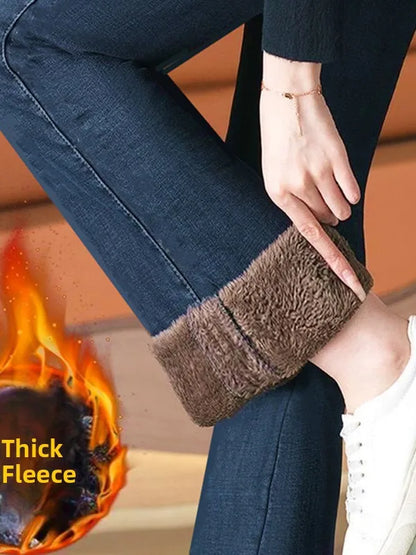 Women's High Waist Fleece Lined Thickened Denim Look Wide Leg Pants Autumn Winter Warm Casual Trousers Fashionable Long Pants
