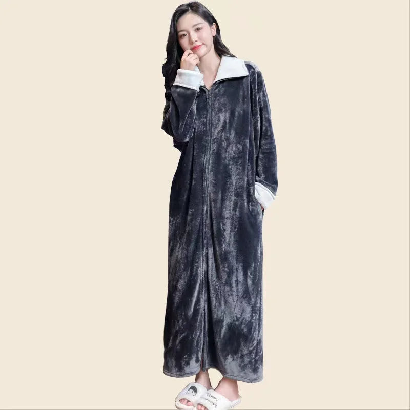 2025 New Flannel Zipper Nightgown Men Women Double-sided Thicken Flannel Pajamas Solid Color Couples One-piece Home Sleeprobe