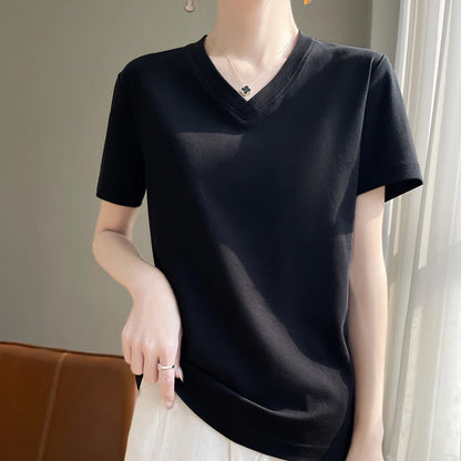 2026 Summer New Pure Cotton V-neck Short-sleeved T-shirt Women's Solid Color Joker Pullover Shirt with Loose Sleeve Bottom Shirt