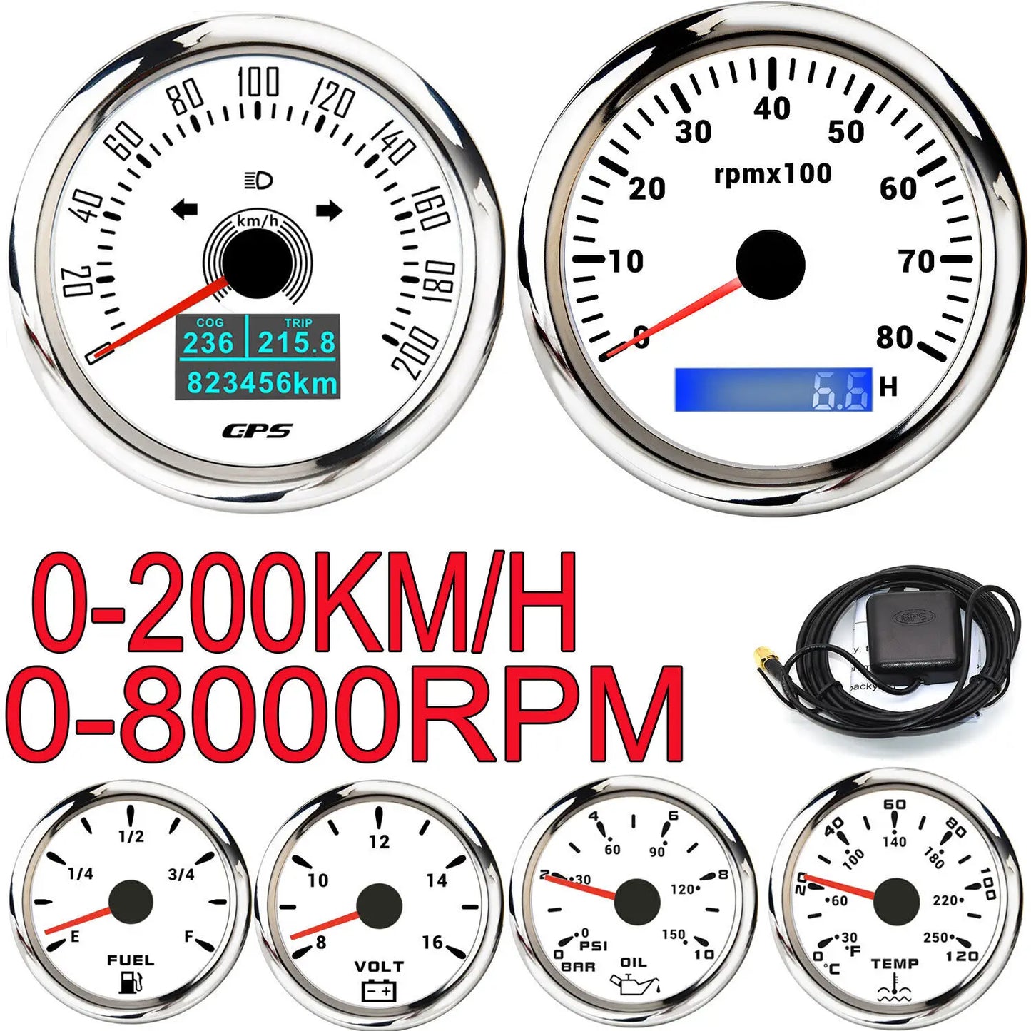 6 Gauge Kit 85mm GPS Speedometer 200KM/H Tachometer 8000RPM Fuel Level Water Temp 0-120℃ Oil Pressure Gauge 12V Voltage Meter